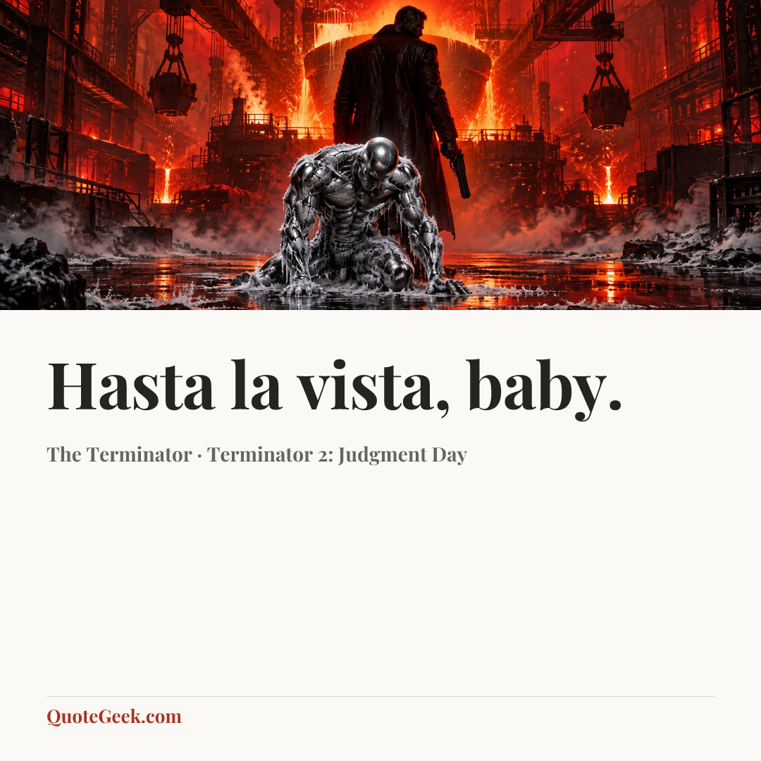 “Hasta la vista, baby.” — The Terminator · Terminator 2: Judgment Day. Illustrated QuoteGeek card.