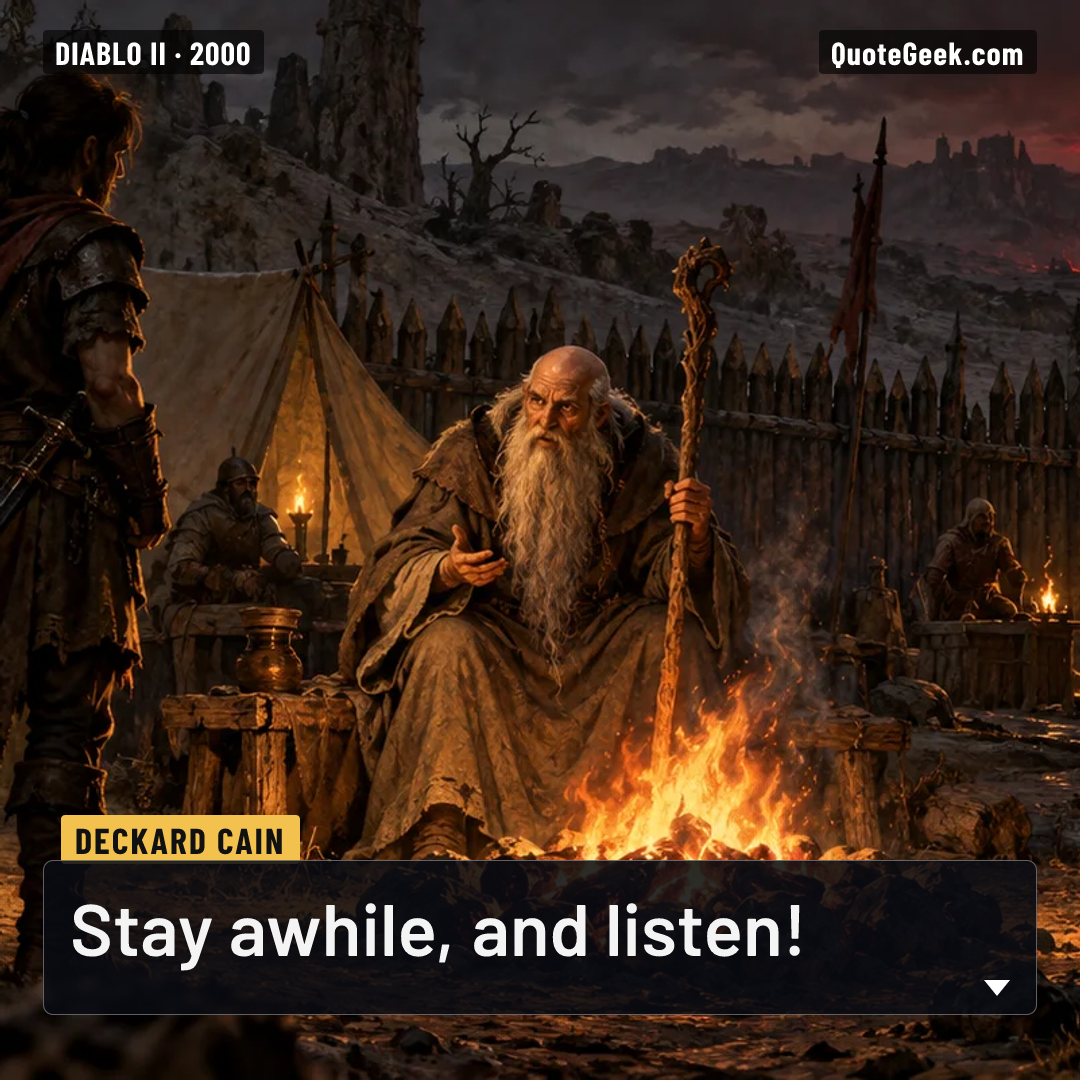“Stay awhile, and listen!” — Deckard Cain · Diablo II. Illustrated QuoteGeek card.