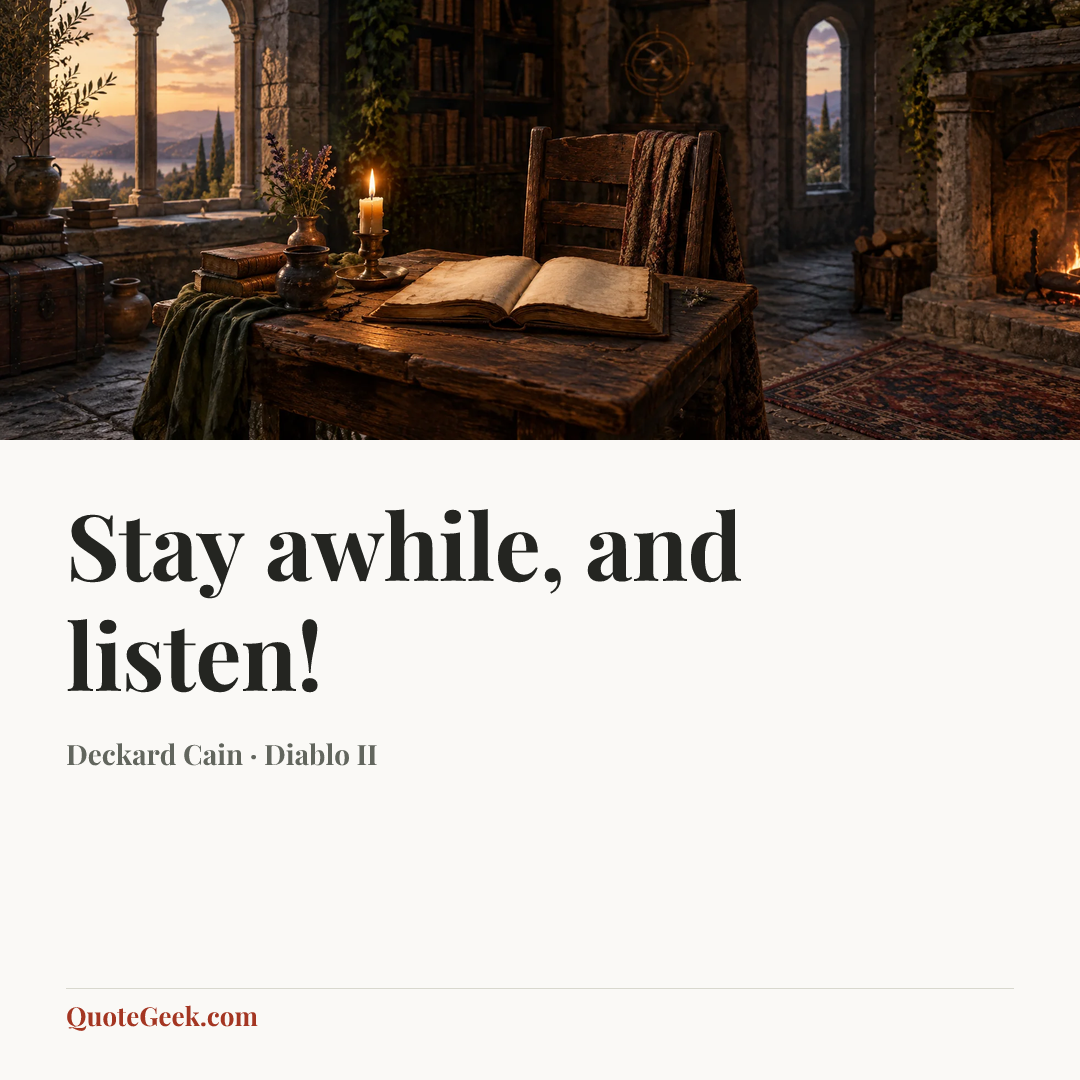 “Stay awhile, and listen!” — Deckard Cain · Diablo II. Illustrated QuoteGeek card.