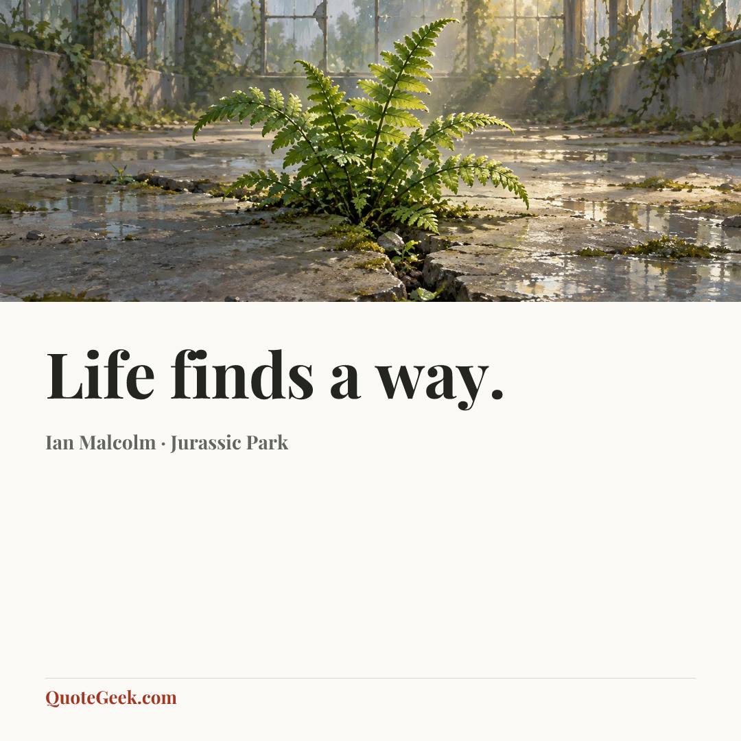“Life finds a way.” — Ian Malcolm · Jurassic Park. Illustrated QuoteGeek card.