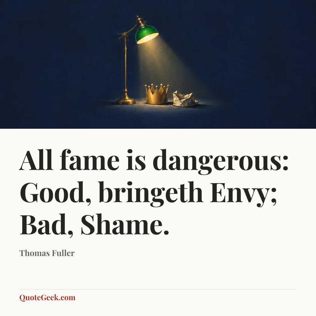 “All fame is dangerous: Good, bringeth Envy; Bad, Shame.” — Thomas Fuller. Illustrated QuoteGeek card.