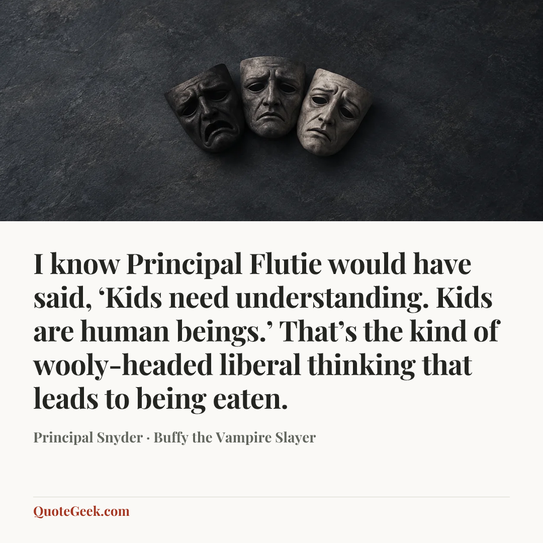 “I know Principal Flutie would have said, ‘Kids need understanding. Kids are human beings.’ That’s the kind of wooly-headed liberal thinking that leads to being eaten.” — Principal Snyder · Buffy the Vampire Slayer. Illustrated QuoteGeek card.