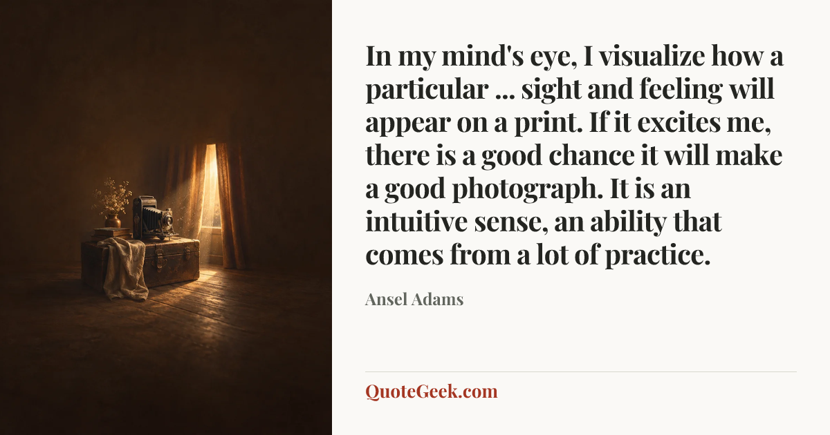 “In my mind's eye, I visualize how a particular ... sight and feeling will appear on a print. If it excites me, there is a good chance it will make a good photograph. It is an intuitive sense, an ability that comes from a lot of practice.” — Ansel Adams. Illustrated QuoteGeek card.