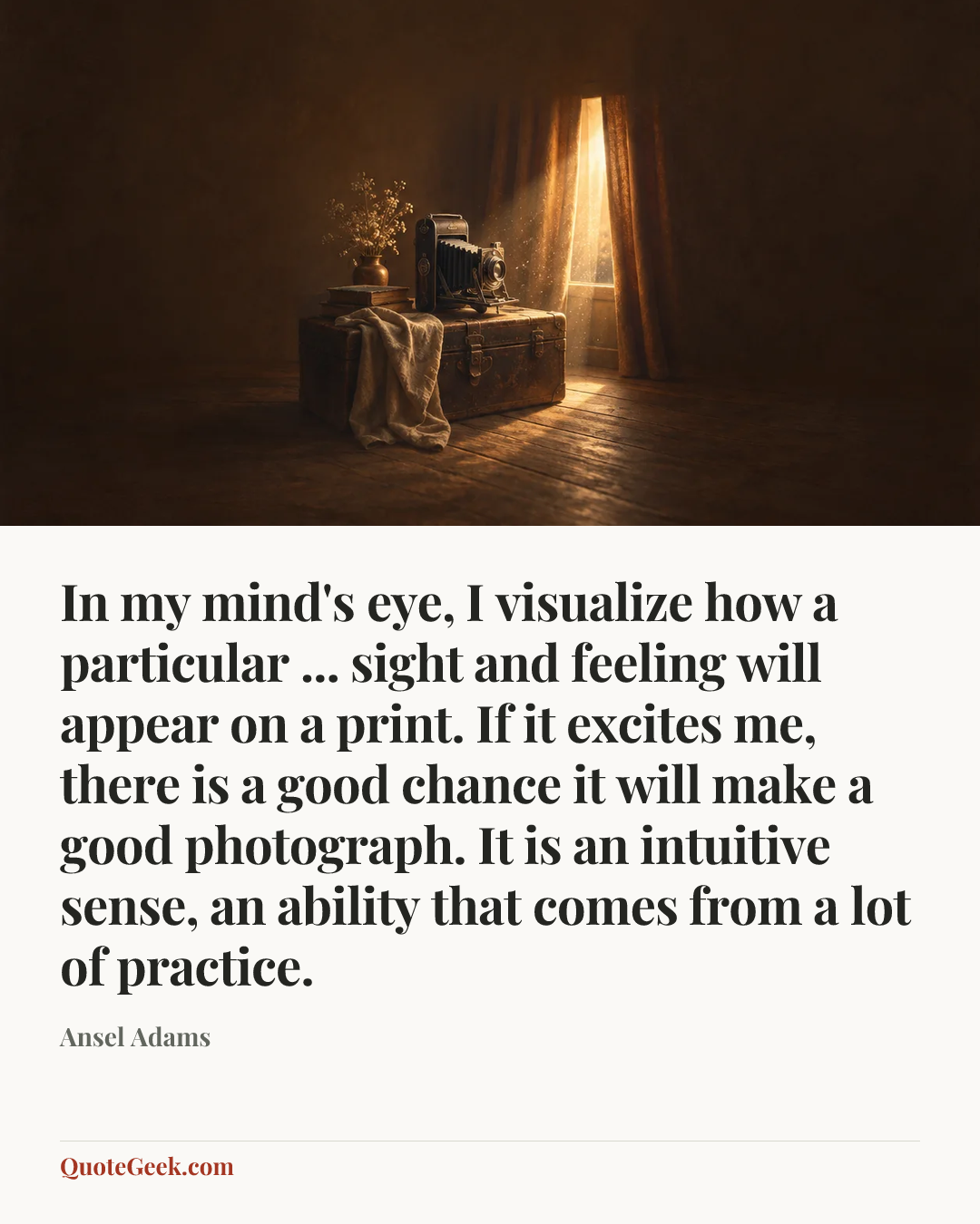 “In my mind's eye, I visualize how a particular ... sight and feeling will appear on a print. If it excites me, there is a good chance it will make a good photograph. It is an intuitive sense, an ability that comes from a lot of practice.” — Ansel Adams. Illustrated QuoteGeek card.