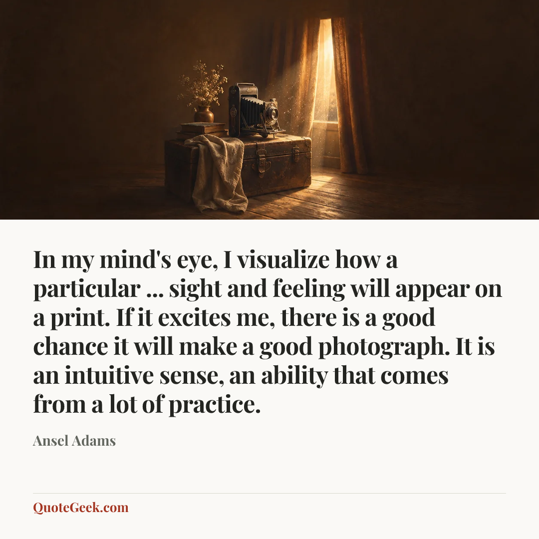 “In my mind's eye, I visualize how a particular ... sight and feeling will appear on a print. If it excites me, there is a good chance it will make a good photograph. It is an intuitive sense, an ability that comes from a lot of practice.” — Ansel Adams. Illustrated QuoteGeek card.