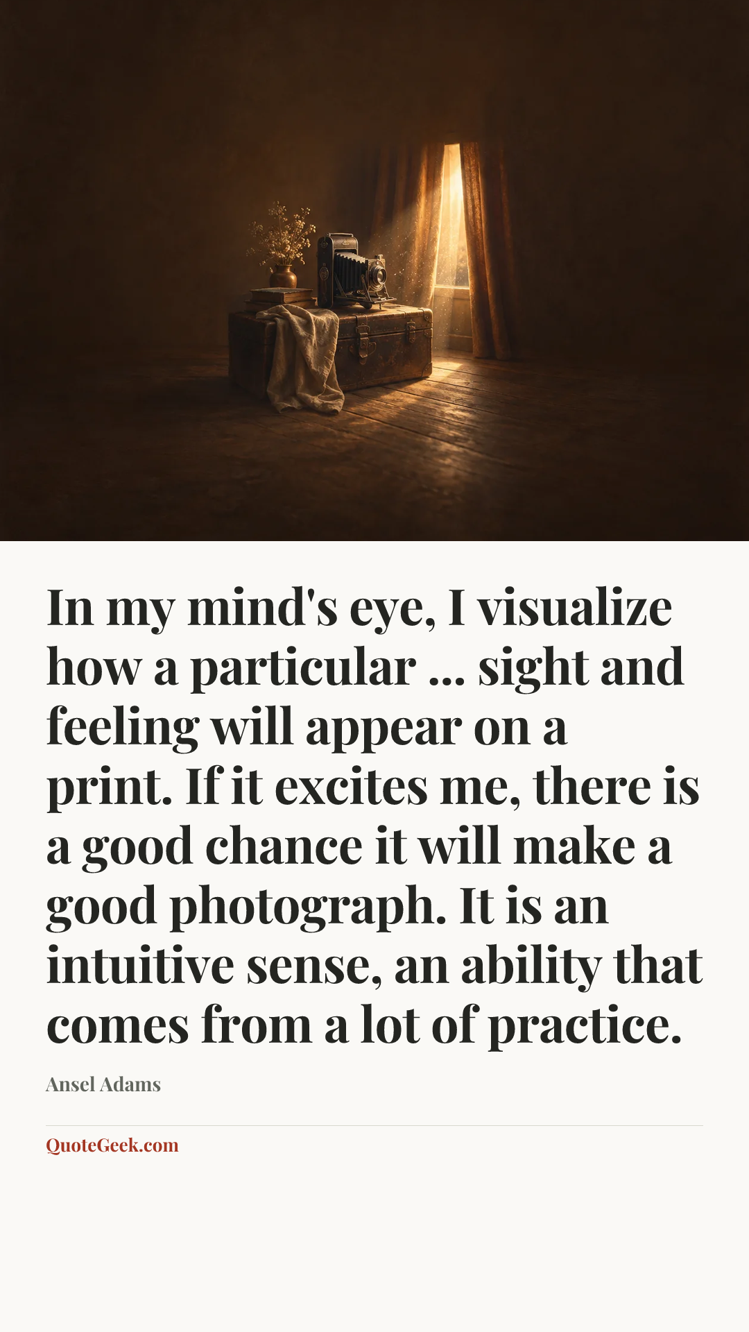 “In my mind's eye, I visualize how a particular ... sight and feeling will appear on a print. If it excites me, there is a good chance it will make a good photograph. It is an intuitive sense, an ability that comes from a lot of practice.” — Ansel Adams. Illustrated QuoteGeek card.