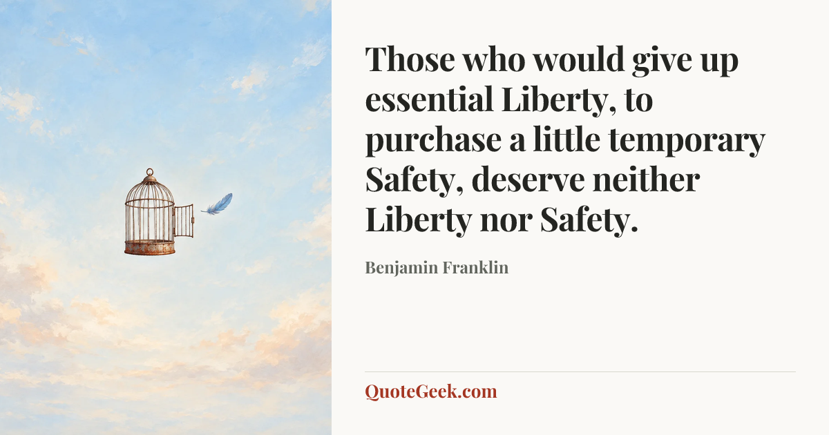 “Those who would give up essential Liberty, to purchase a little temporary Safety, deserve neither Liberty nor Safety.” — Benjamin Franklin. Illustrated QuoteGeek card.