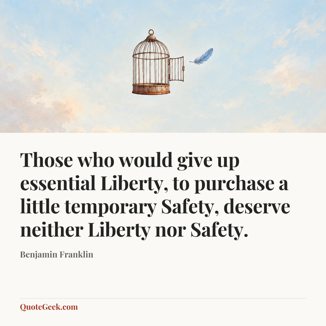 “Those who would give up essential Liberty, to purchase a little temporary Safety, deserve neither Liberty nor Safety.” — Benjamin Franklin. Illustrated QuoteGeek card.