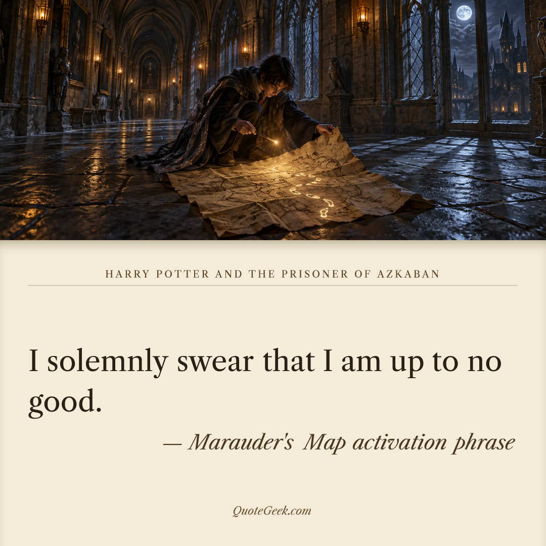 “I solemnly swear that I am up to no good.” — Marauder's Map activation phrase · Harry Potter and the Prisoner of Azkaban. Illustrated QuoteGeek card.
