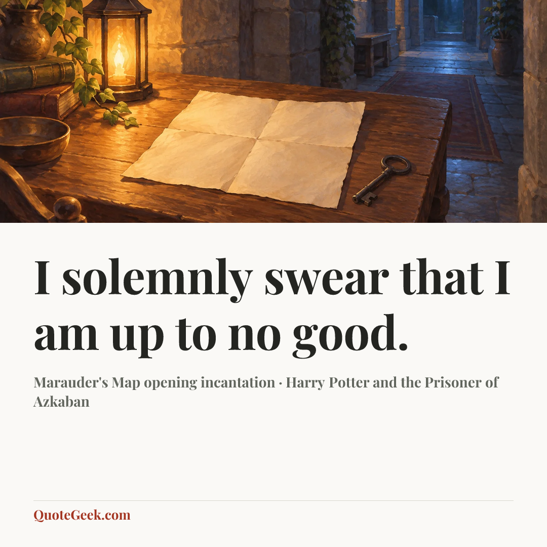 “I solemnly swear that I am up to no good.” — Marauder's Map opening incantation · Harry Potter and the Prisoner of Azkaban. Illustrated QuoteGeek card.