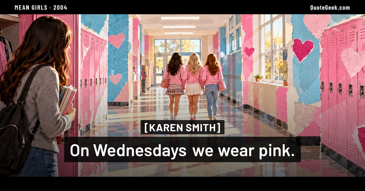 “On Wednesdays we wear pink.” — Karen Smith · Mean Girls. Illustrated QuoteGeek card.