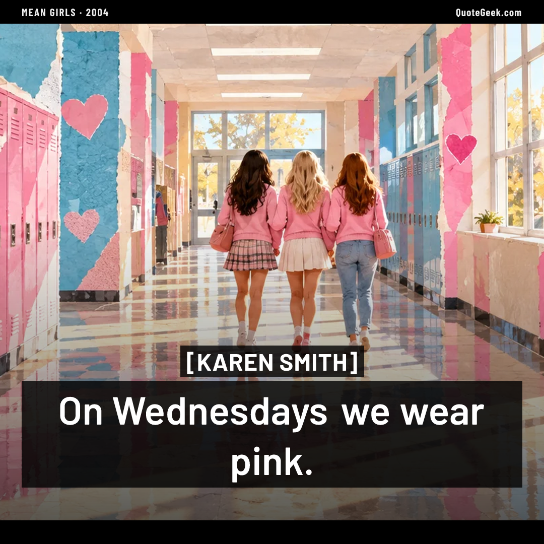 “On Wednesdays we wear pink.” — Karen Smith · Mean Girls. Illustrated QuoteGeek card.