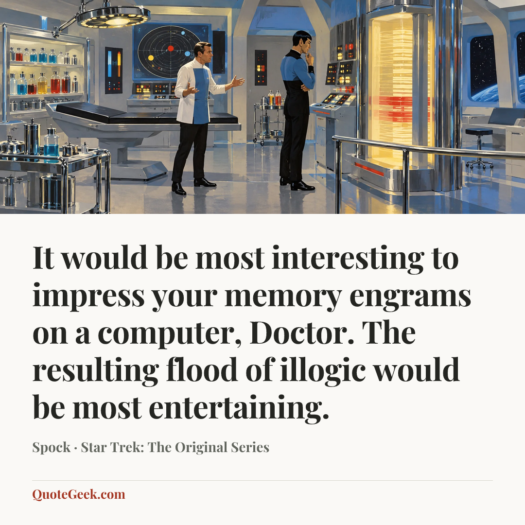 “It would be most interesting to impress your memory engrams on a computer, Doctor. The resulting flood of illogic would be most entertaining.” — Spock · Star Trek: The Original Series. Illustrated QuoteGeek card.