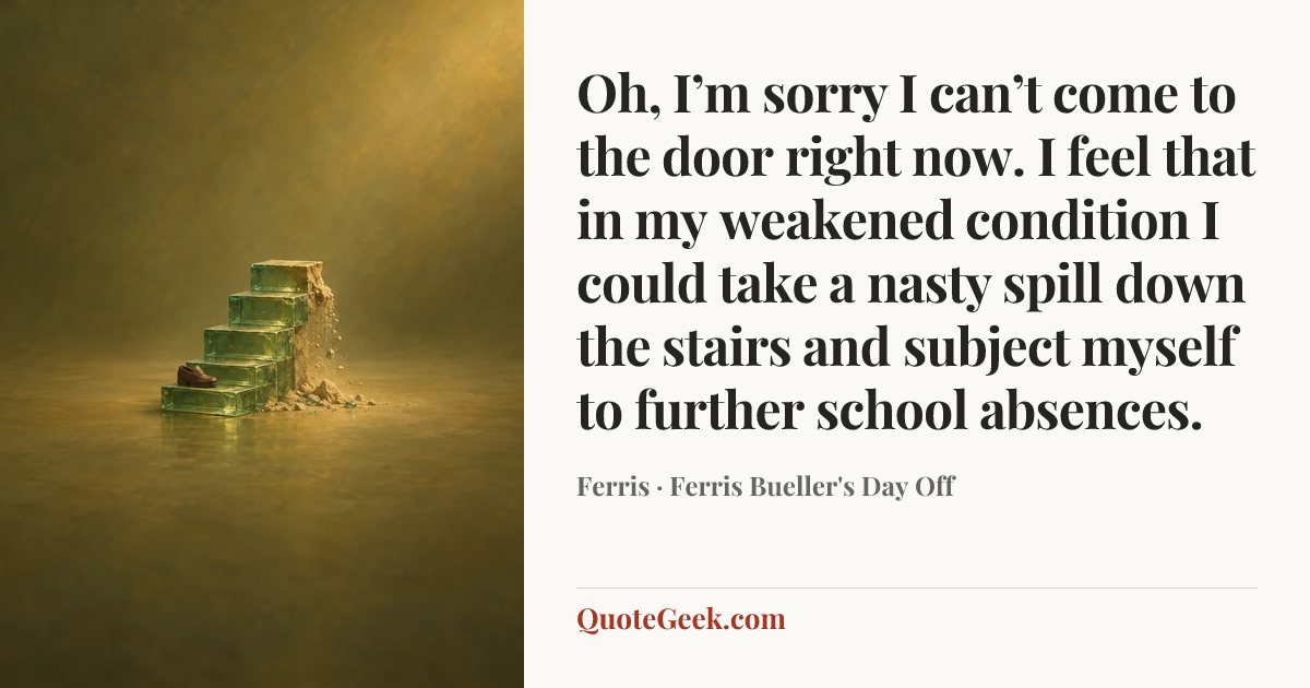 “Oh, I’m sorry I can’t come to the door right now. I feel that in my weakened condition I could take a nasty spill down the stairs and subject myself to further school absences.” — Ferris · Ferris Bueller's Day Off. Illustrated QuoteGeek card.