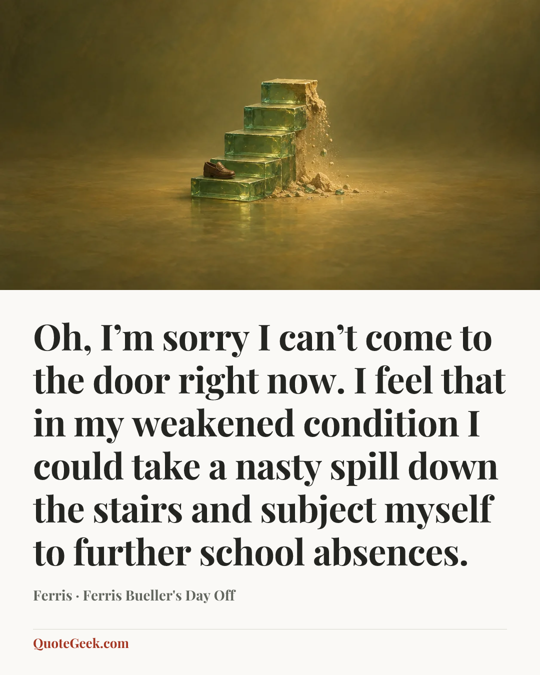 “Oh, I’m sorry I can’t come to the door right now. I feel that in my weakened condition I could take a nasty spill down the stairs and subject myself to further school absences.” — Ferris · Ferris Bueller's Day Off. Illustrated QuoteGeek card.