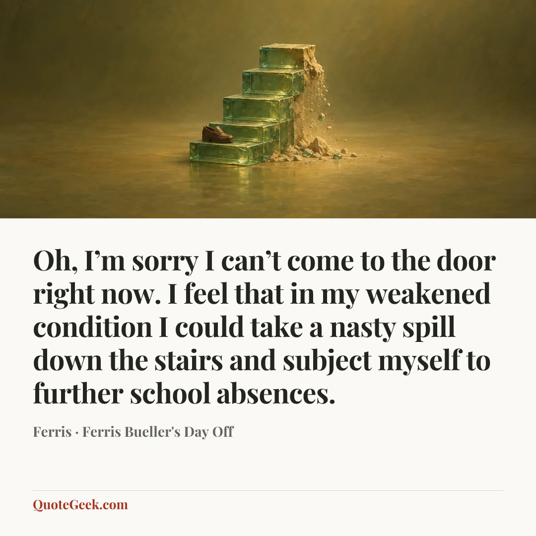 “Oh, I’m sorry I can’t come to the door right now. I feel that in my weakened condition I could take a nasty spill down the stairs and subject myself to further school absences.” — Ferris · Ferris Bueller's Day Off. Illustrated QuoteGeek card.