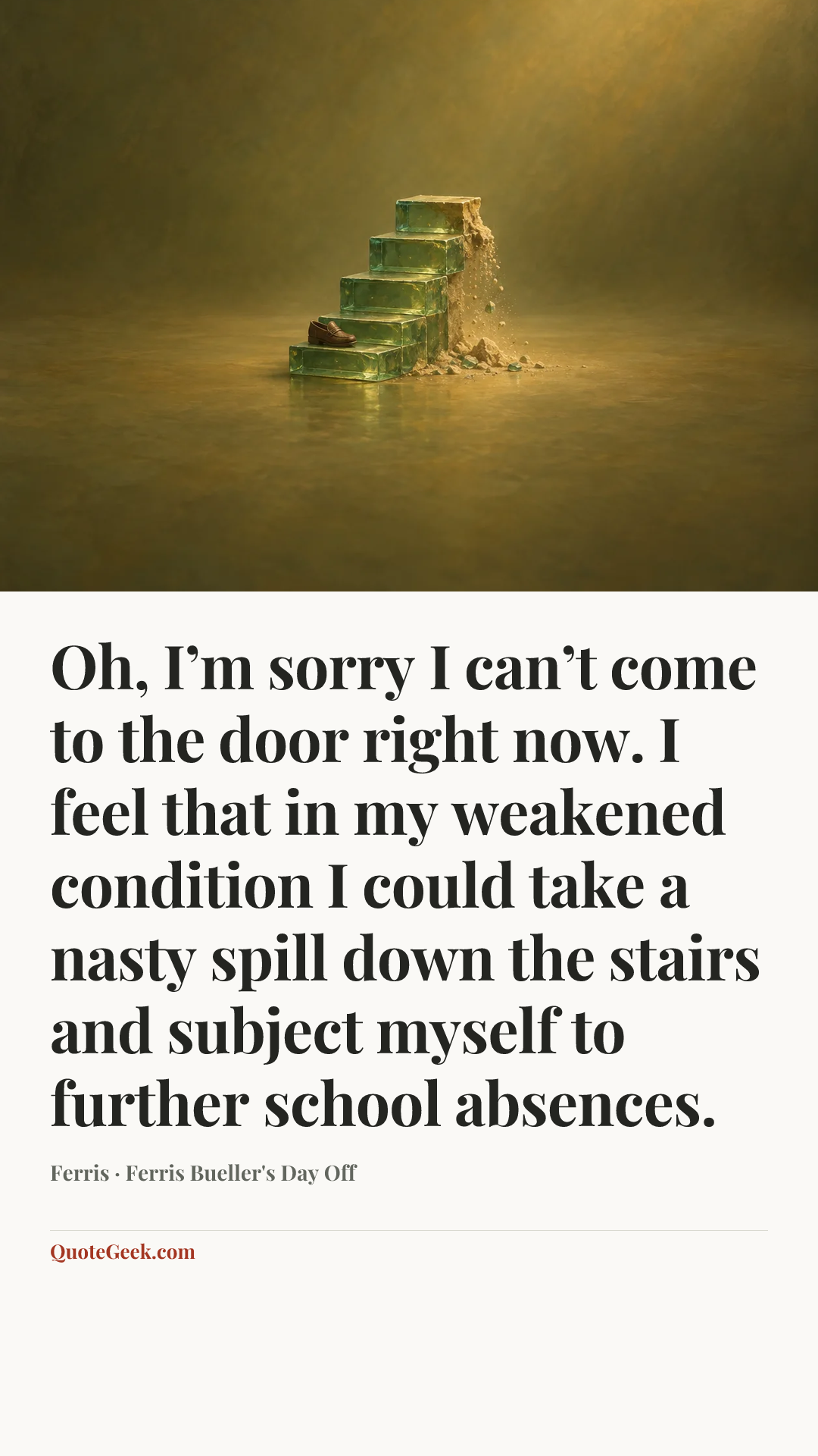 “Oh, I’m sorry I can’t come to the door right now. I feel that in my weakened condition I could take a nasty spill down the stairs and subject myself to further school absences.” — Ferris · Ferris Bueller's Day Off. Illustrated QuoteGeek card.