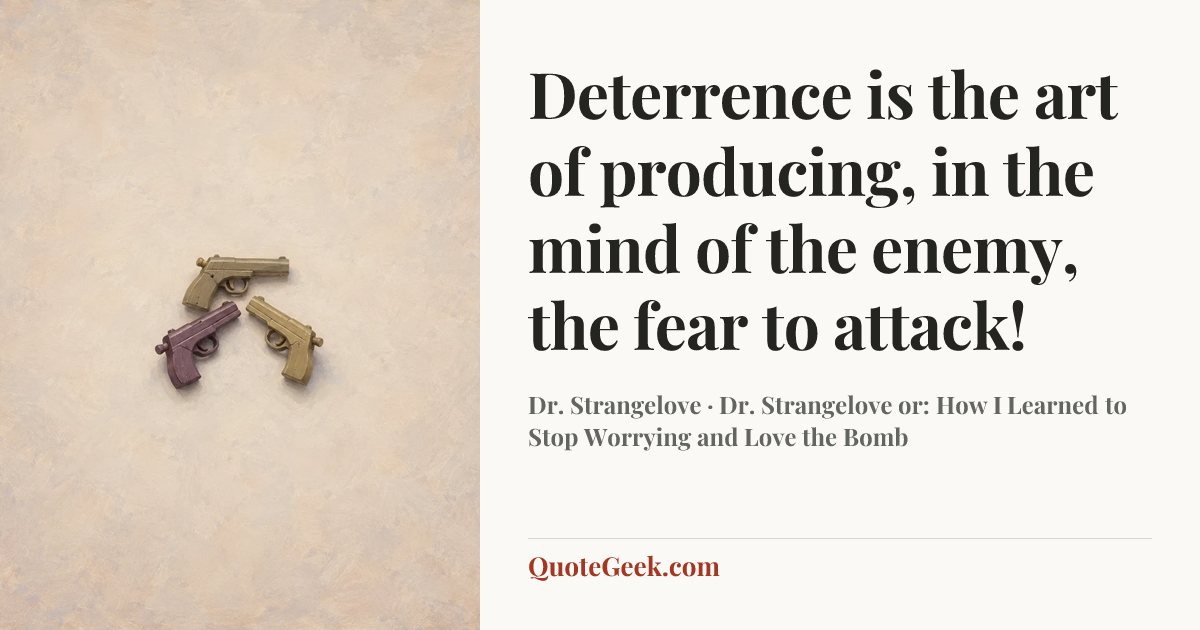 “Deterrence is the art of producing, in the mind of the enemy, the fear to attack!” — Dr. Strangelove · Dr. Strangelove or: How I Learned to Stop Worrying and Love the Bomb. Illustrated QuoteGeek card.