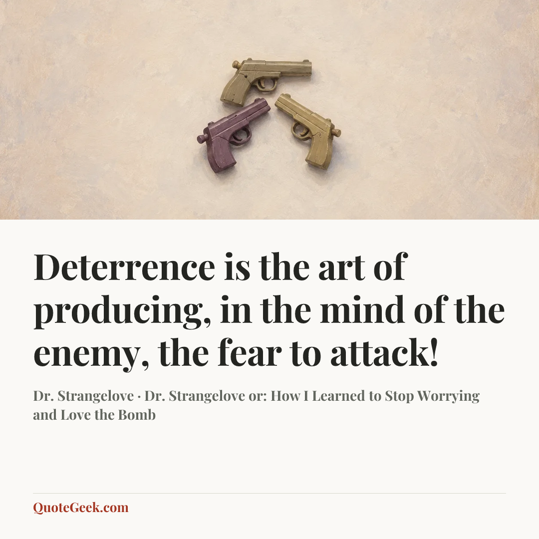 “Deterrence is the art of producing, in the mind of the enemy, the fear to attack!” — Dr. Strangelove · Dr. Strangelove or: How I Learned to Stop Worrying and Love the Bomb. Illustrated QuoteGeek card.