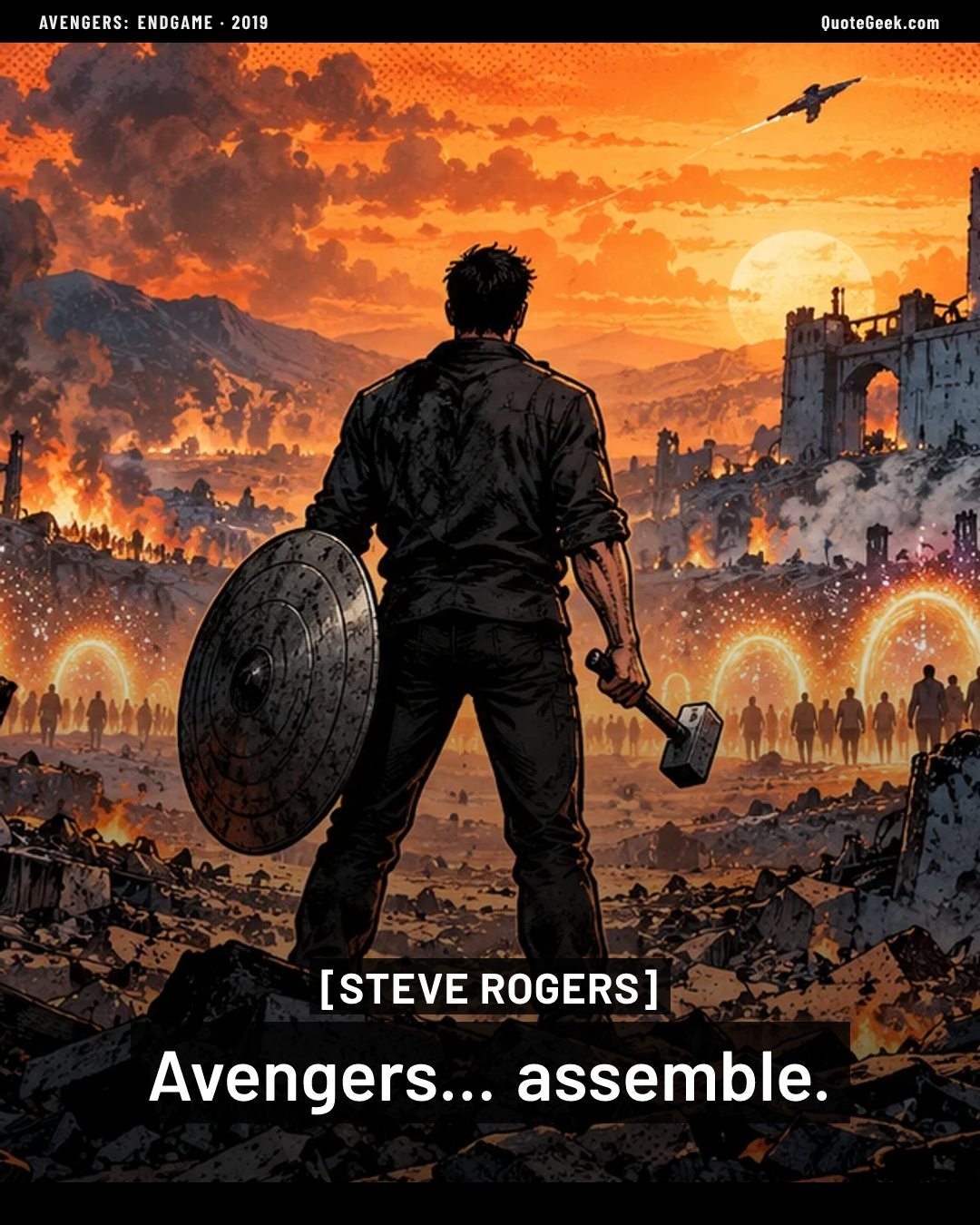 “Avengers... assemble.” — Steve Rogers · Avengers: Endgame. Illustrated QuoteGeek card.