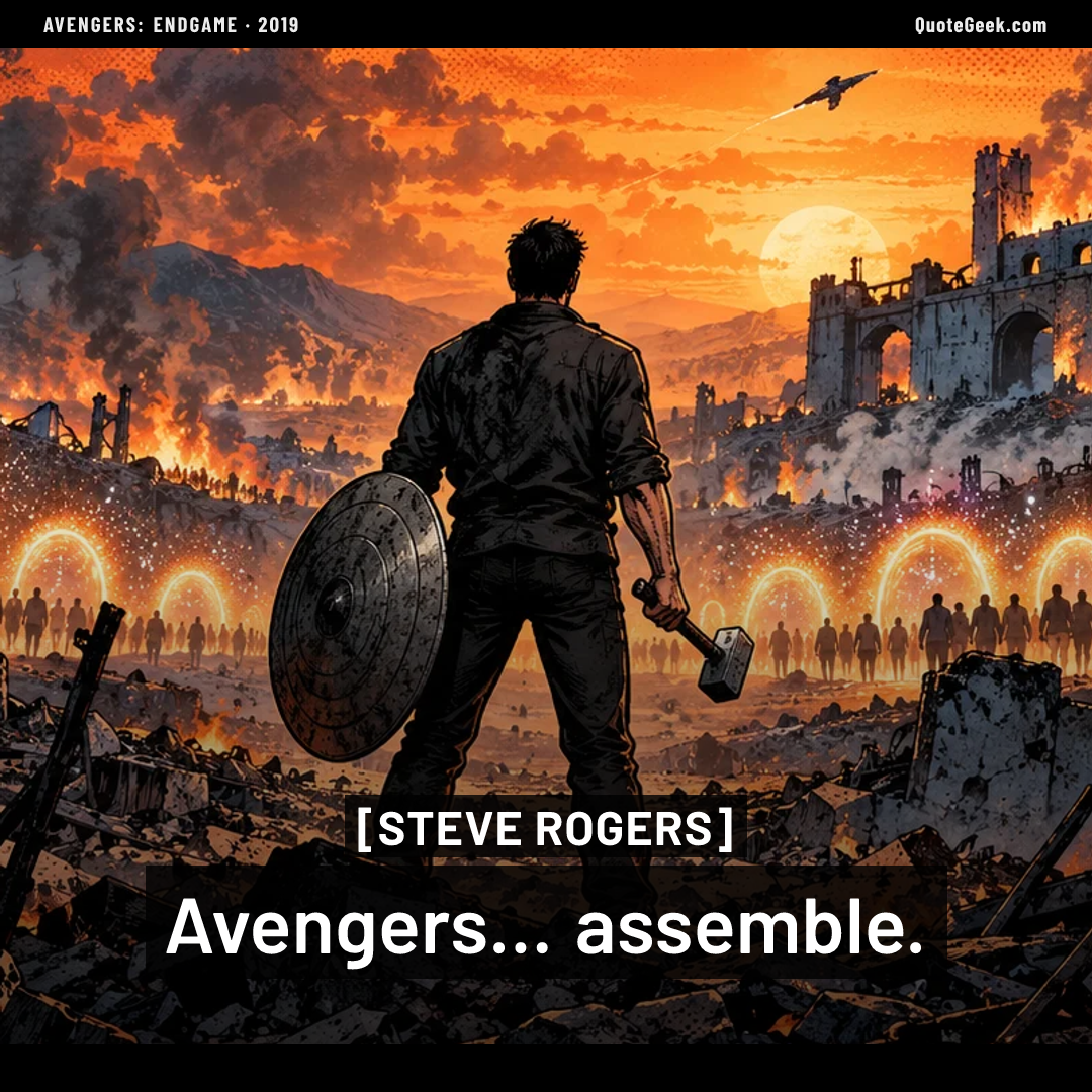 “Avengers... assemble.” — Steve Rogers · Avengers: Endgame. Illustrated QuoteGeek card.