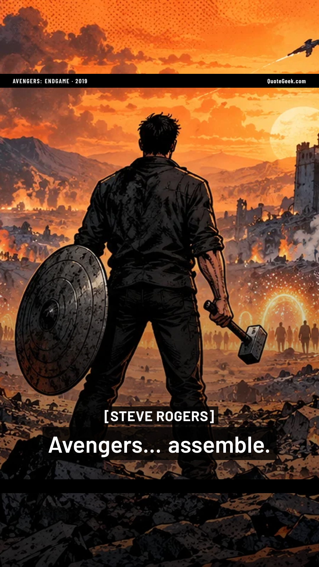 “Avengers... assemble.” — Steve Rogers · Avengers: Endgame. Illustrated QuoteGeek card.