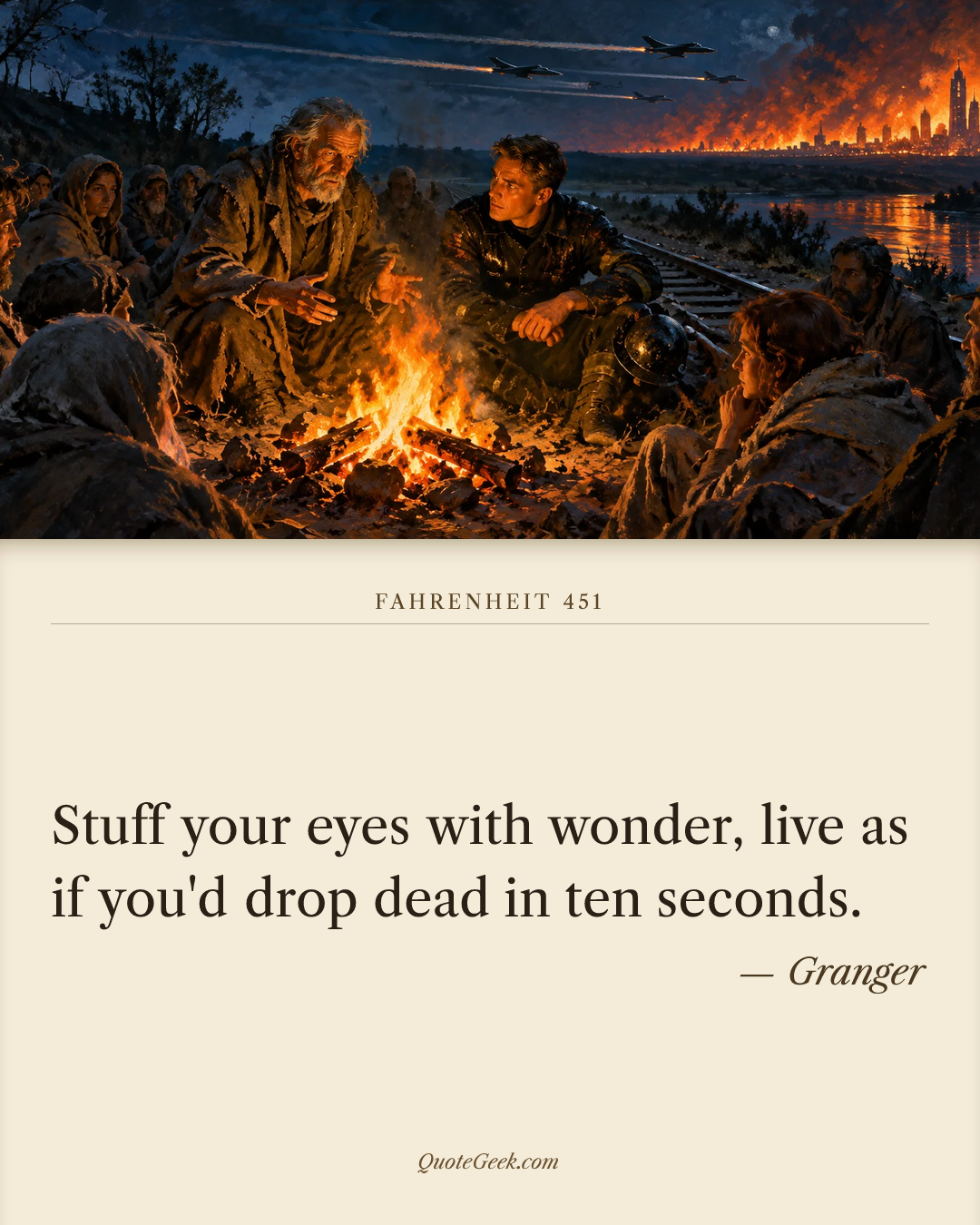 “Stuff your eyes with wonder, live as if you'd drop dead in ten seconds.” — Granger · Fahrenheit 451. Illustrated QuoteGeek card.