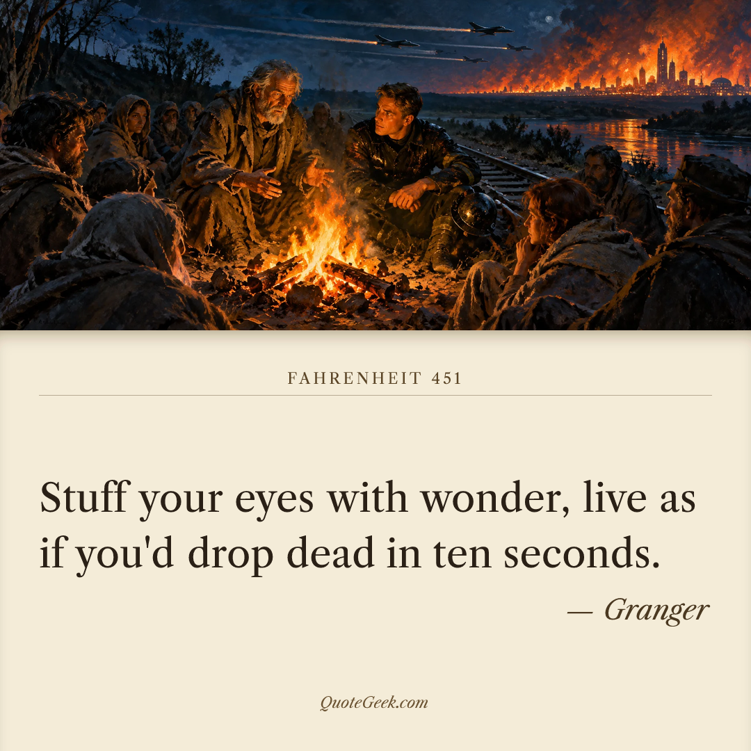 “Stuff your eyes with wonder, live as if you'd drop dead in ten seconds.” — Granger · Fahrenheit 451. Illustrated QuoteGeek card.
