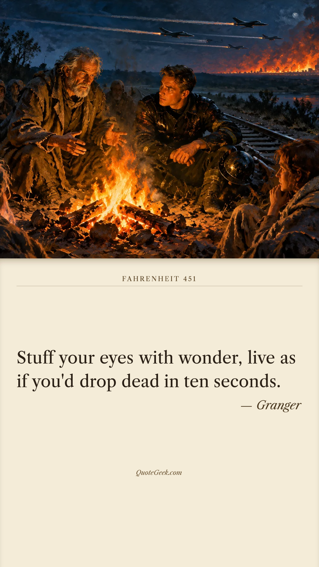 “Stuff your eyes with wonder, live as if you'd drop dead in ten seconds.” — Granger · Fahrenheit 451. Illustrated QuoteGeek card.