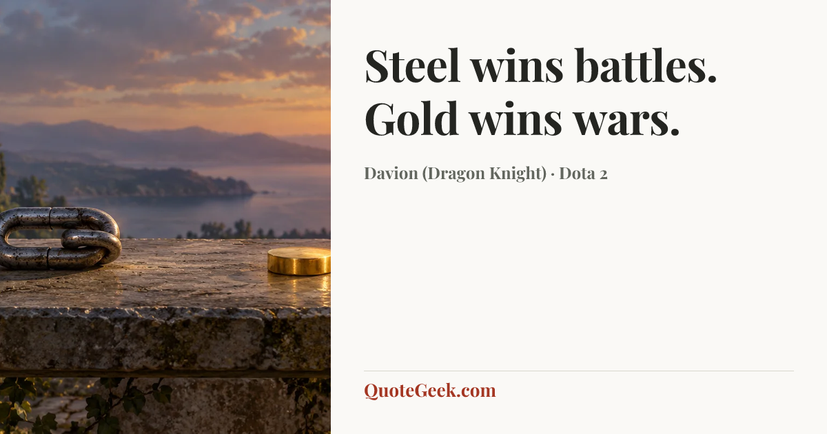 “Steel wins battles. Gold wins wars.” — Davion (Dragon Knight) · Dota 2. Illustrated QuoteGeek card.