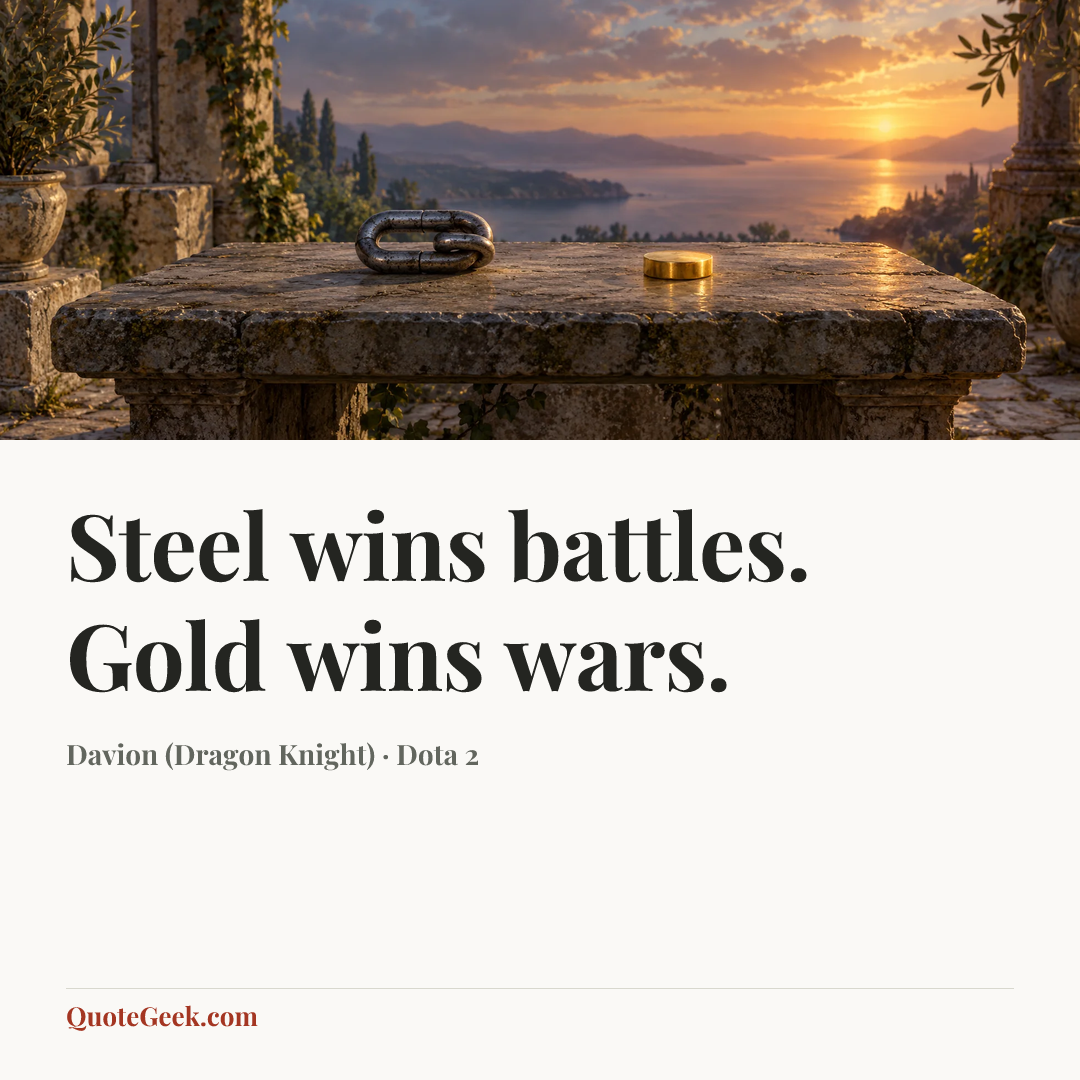 “Steel wins battles. Gold wins wars.” — Davion (Dragon Knight) · Dota 2. Illustrated QuoteGeek card.