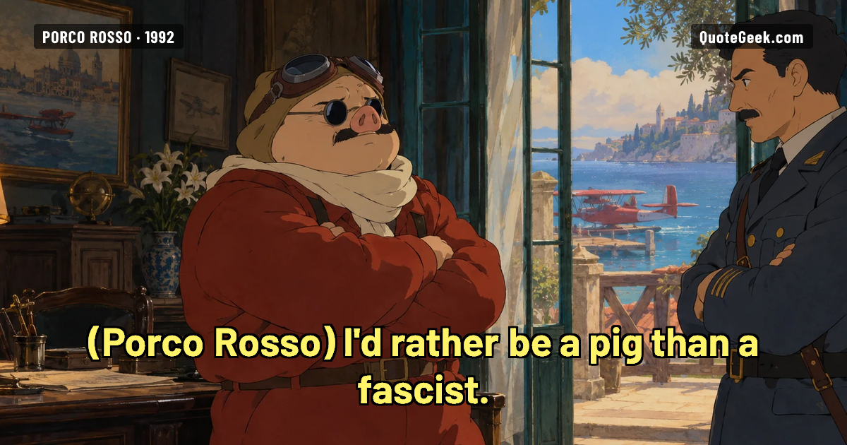 “I'd rather be a pig than a fascist.” — Porco Rosso · Porco Rosso. Illustrated QuoteGeek card.