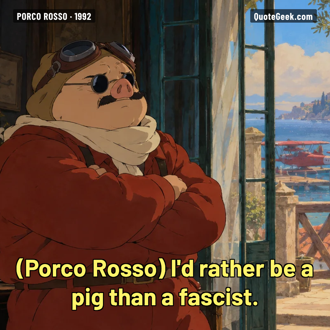 “I'd rather be a pig than a fascist.” — Porco Rosso · Porco Rosso. Illustrated QuoteGeek card.