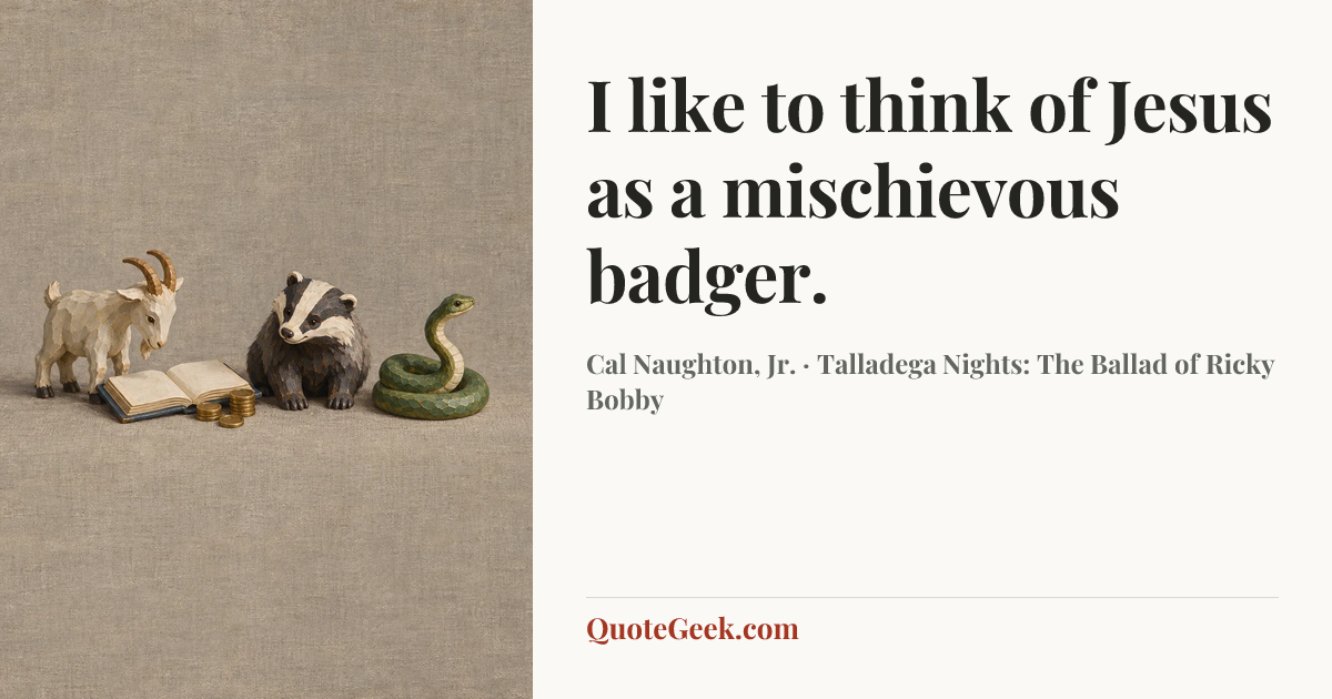 “I like to think of Jesus as a mischievous badger.” — Cal Naughton, Jr. · Talladega Nights: The Ballad of Ricky Bobby. Illustrated QuoteGeek card.