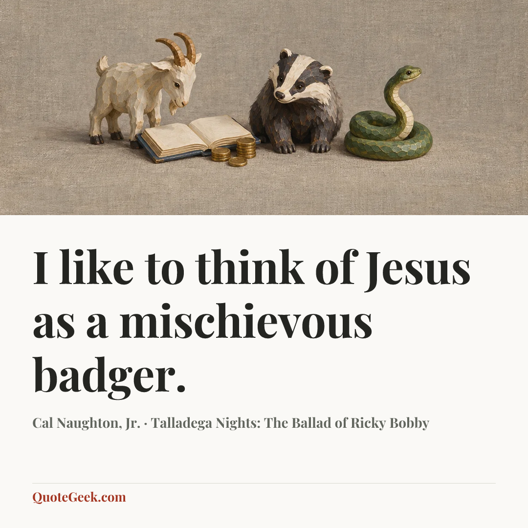 “I like to think of Jesus as a mischievous badger.” — Cal Naughton, Jr. · Talladega Nights: The Ballad of Ricky Bobby. Illustrated QuoteGeek card.