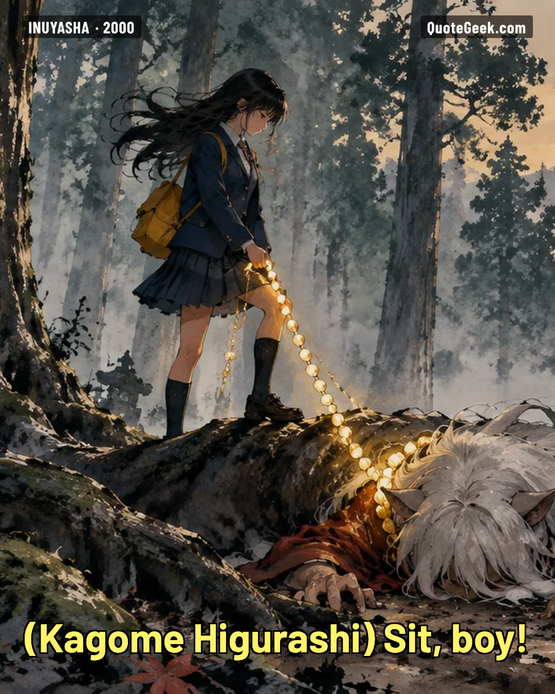 “Sit, boy!” — Kagome Higurashi · Inuyasha. Illustrated QuoteGeek card.