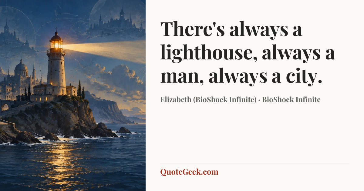 “There's always a lighthouse, always a man, always a city.” — Elizabeth (BioShock Infinite) · BioShock Infinite. Illustrated QuoteGeek card.