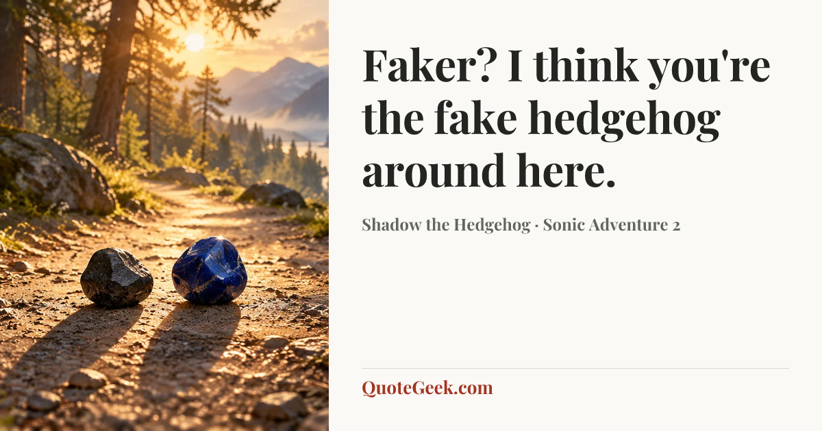 “Faker? I think you're the fake hedgehog around here.” — Shadow the Hedgehog · Sonic Adventure 2. Illustrated QuoteGeek card.