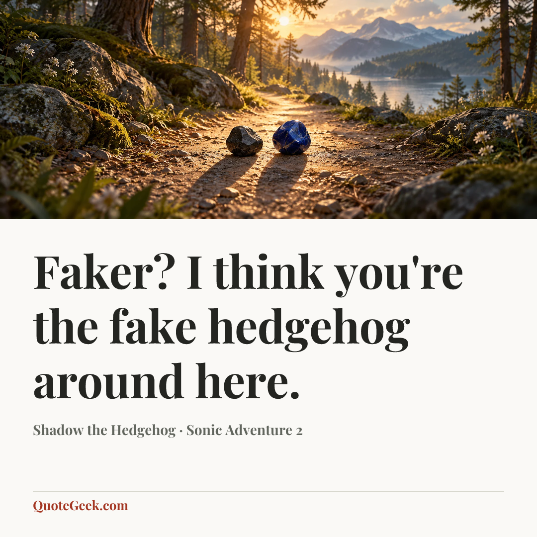 “Faker? I think you're the fake hedgehog around here.” — Shadow the Hedgehog · Sonic Adventure 2. Illustrated QuoteGeek card.