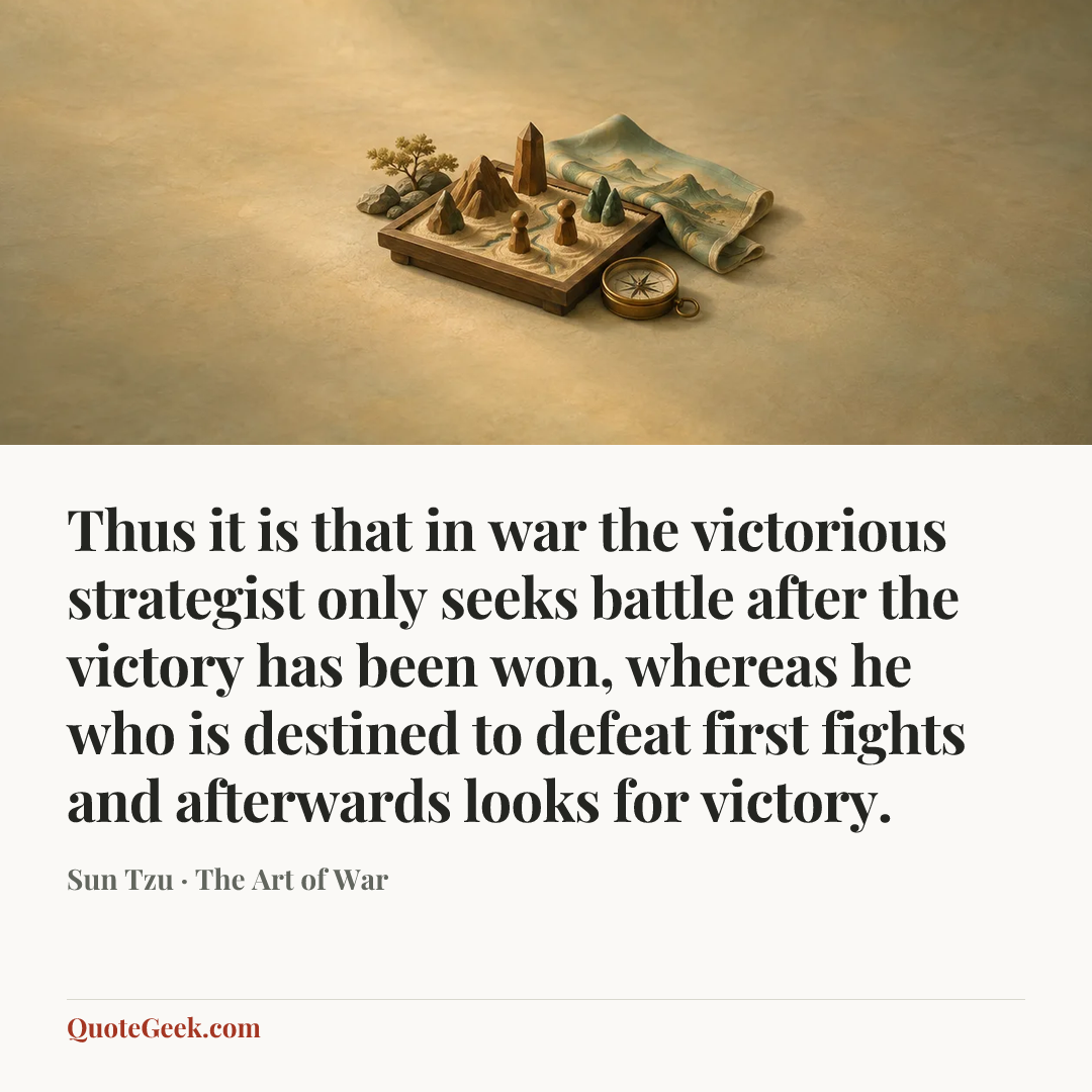 “Thus it is that in war the victorious strategist only seeks battle after the victory has been won, whereas he who is destined to defeat first fights and afterwards looks for victory.” — Sun Tzu · The Art of War. Illustrated QuoteGeek card.