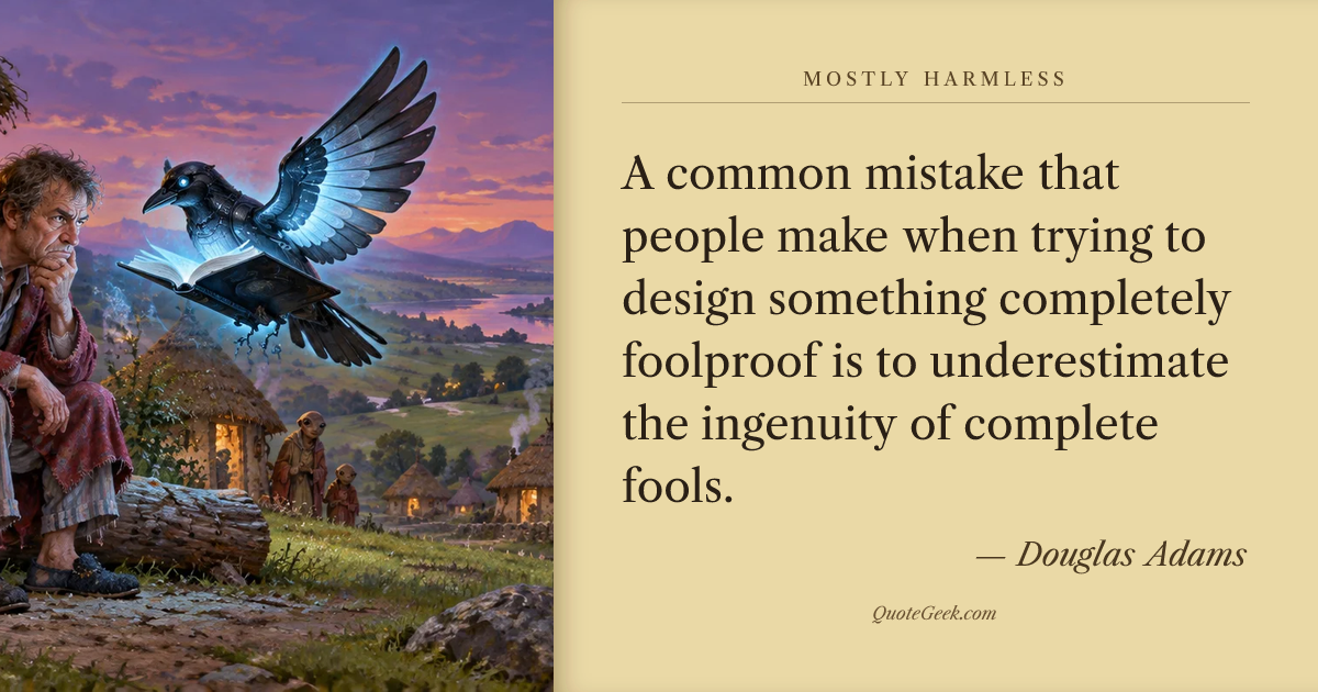 “A common mistake that people make when trying to design something completely foolproof is to underestimate the ingenuity of complete fools.” — Douglas Adams · Mostly Harmless. Illustrated QuoteGeek card.