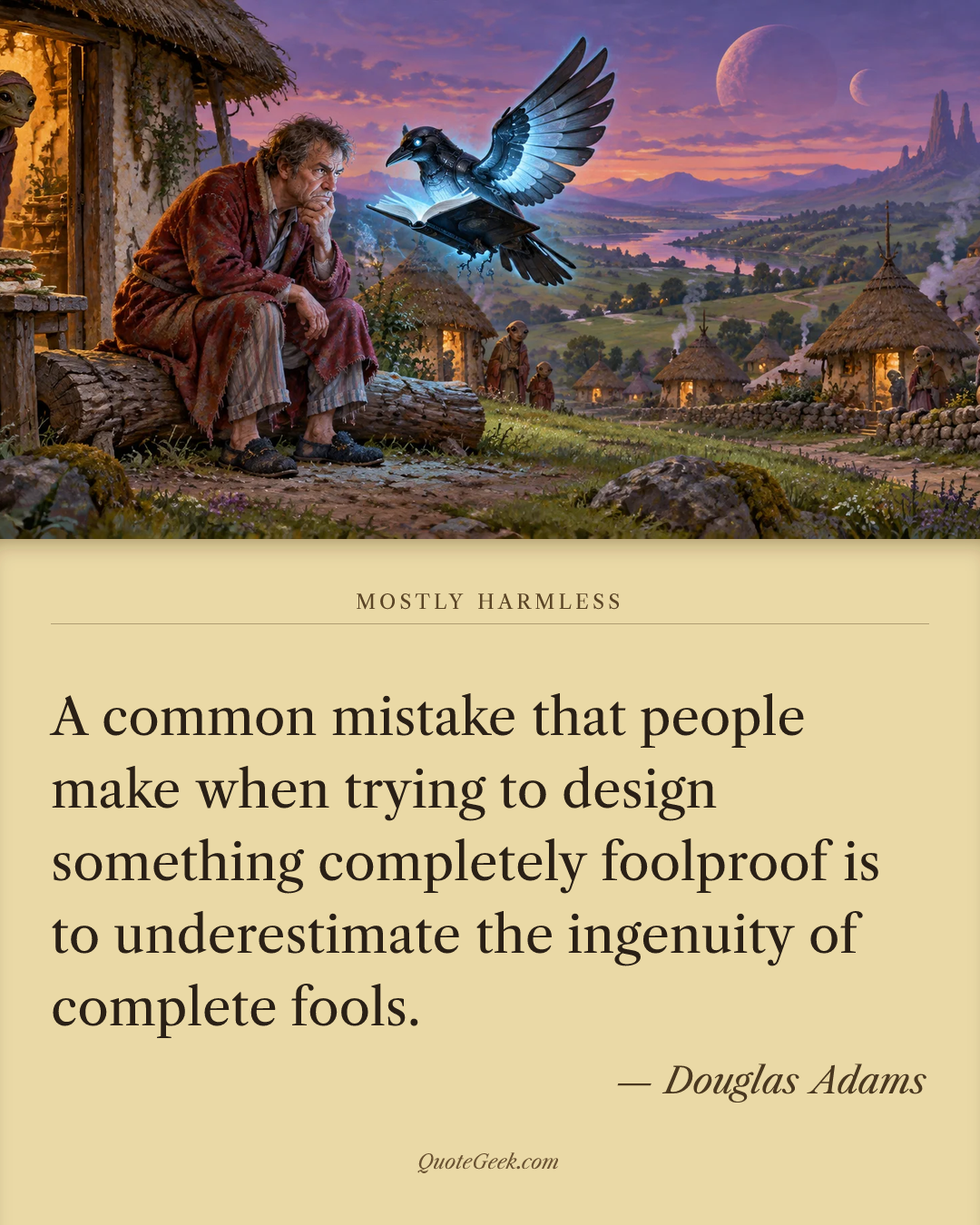 “A common mistake that people make when trying to design something completely foolproof is to underestimate the ingenuity of complete fools.” — Douglas Adams · Mostly Harmless. Illustrated QuoteGeek card.