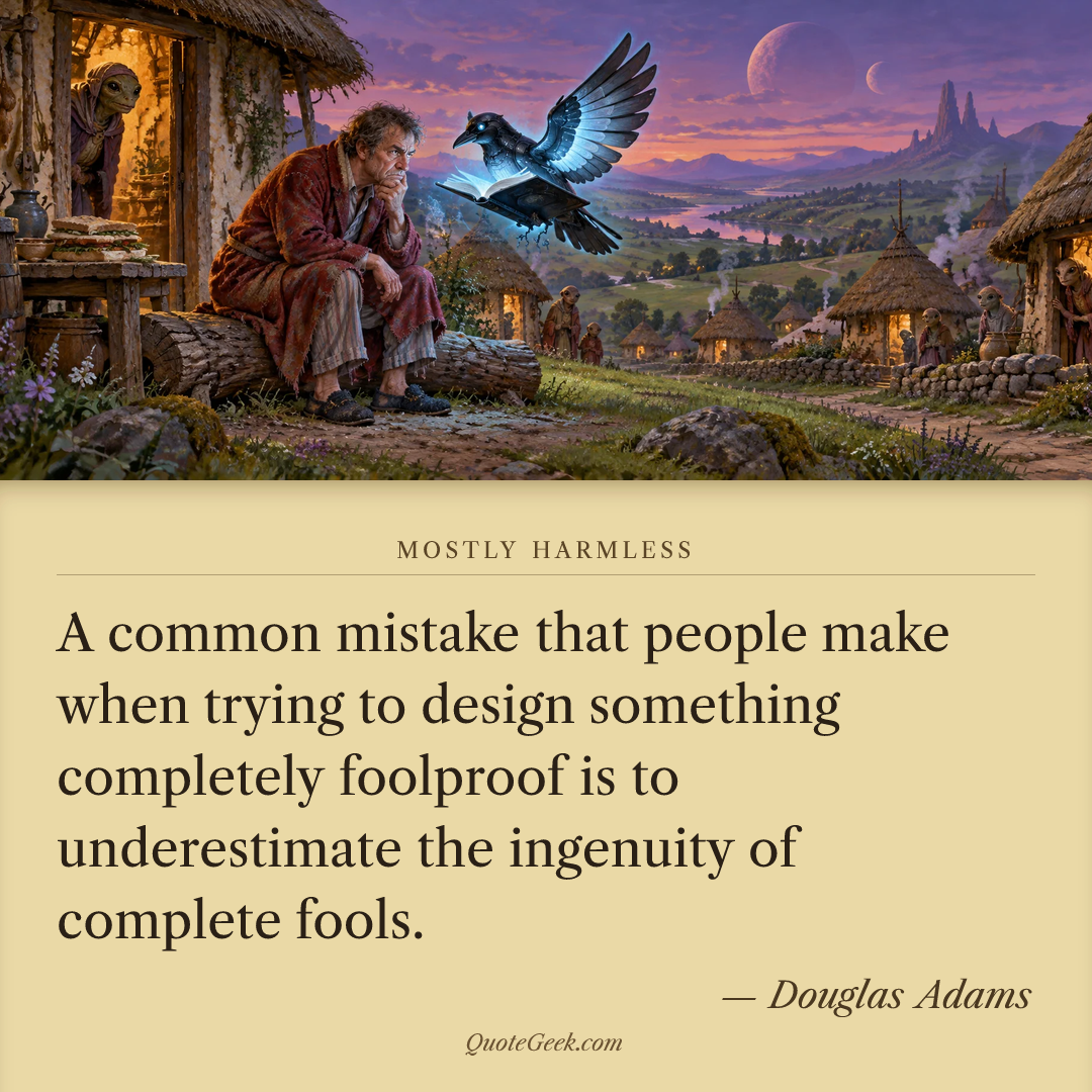 “A common mistake that people make when trying to design something completely foolproof is to underestimate the ingenuity of complete fools.” — Douglas Adams · Mostly Harmless. Illustrated QuoteGeek card.