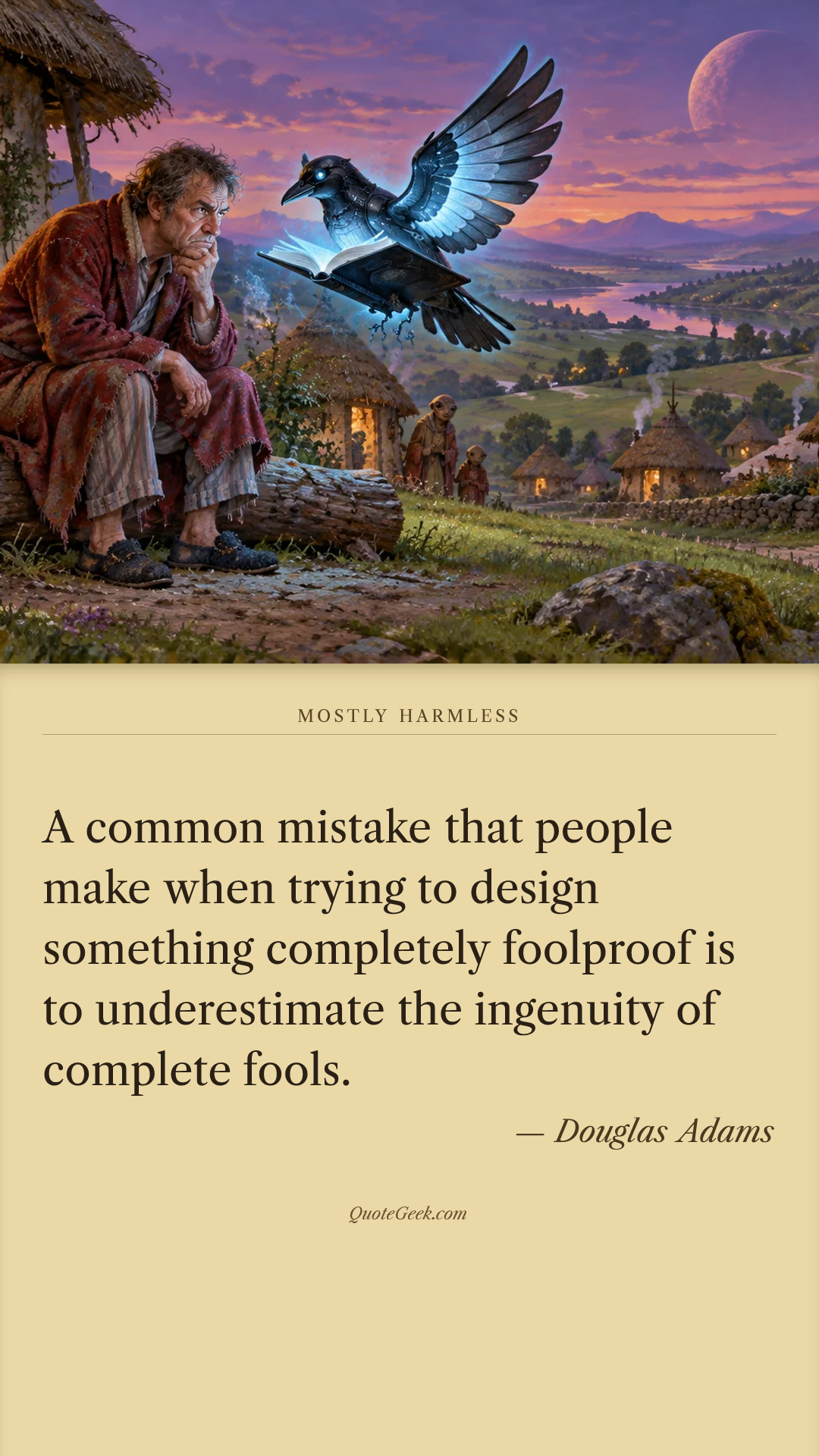 “A common mistake that people make when trying to design something completely foolproof is to underestimate the ingenuity of complete fools.” — Douglas Adams · Mostly Harmless. Illustrated QuoteGeek card.
