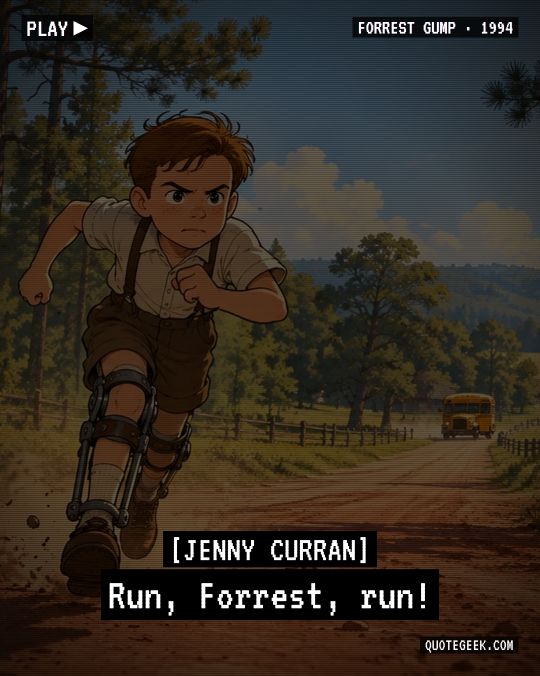 “Run, Forrest, run!” — Jenny Curran · Forrest Gump. Illustrated QuoteGeek card.