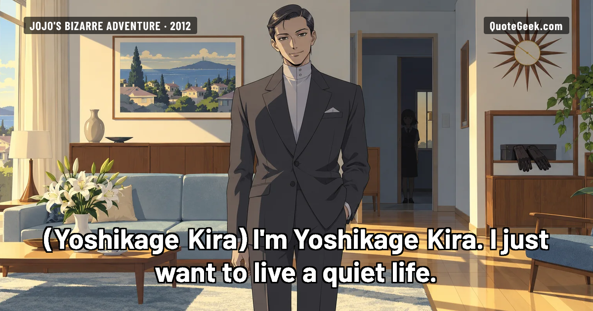 “I'm Yoshikage Kira. I just want to live a quiet life.” — Yoshikage Kira · JoJo's Bizarre Adventure. Illustrated QuoteGeek card.
