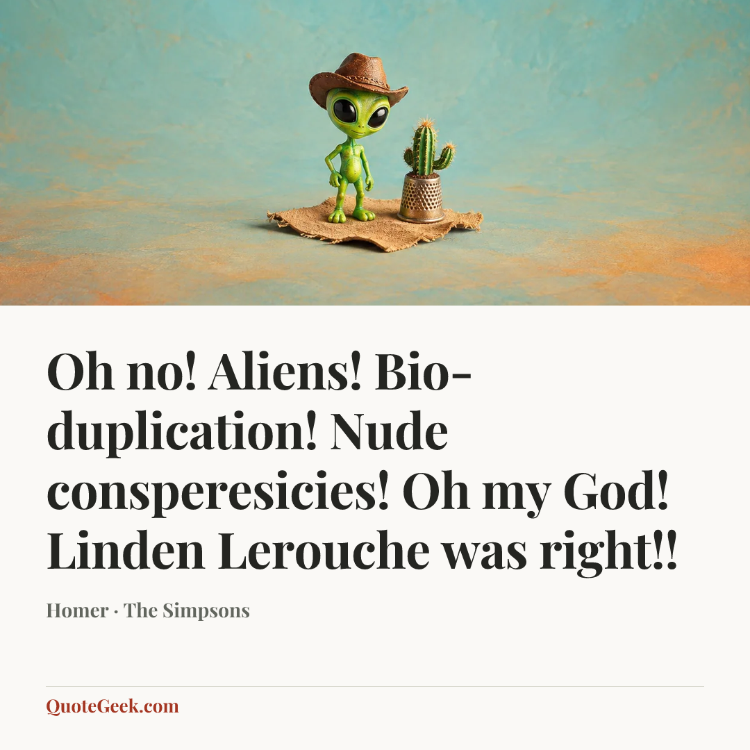 “Oh no! Aliens! Bio-duplication! Nude consperesicies! Oh my God! Linden Lerouche was right!!” — Homer · The Simpsons. Illustrated QuoteGeek card.