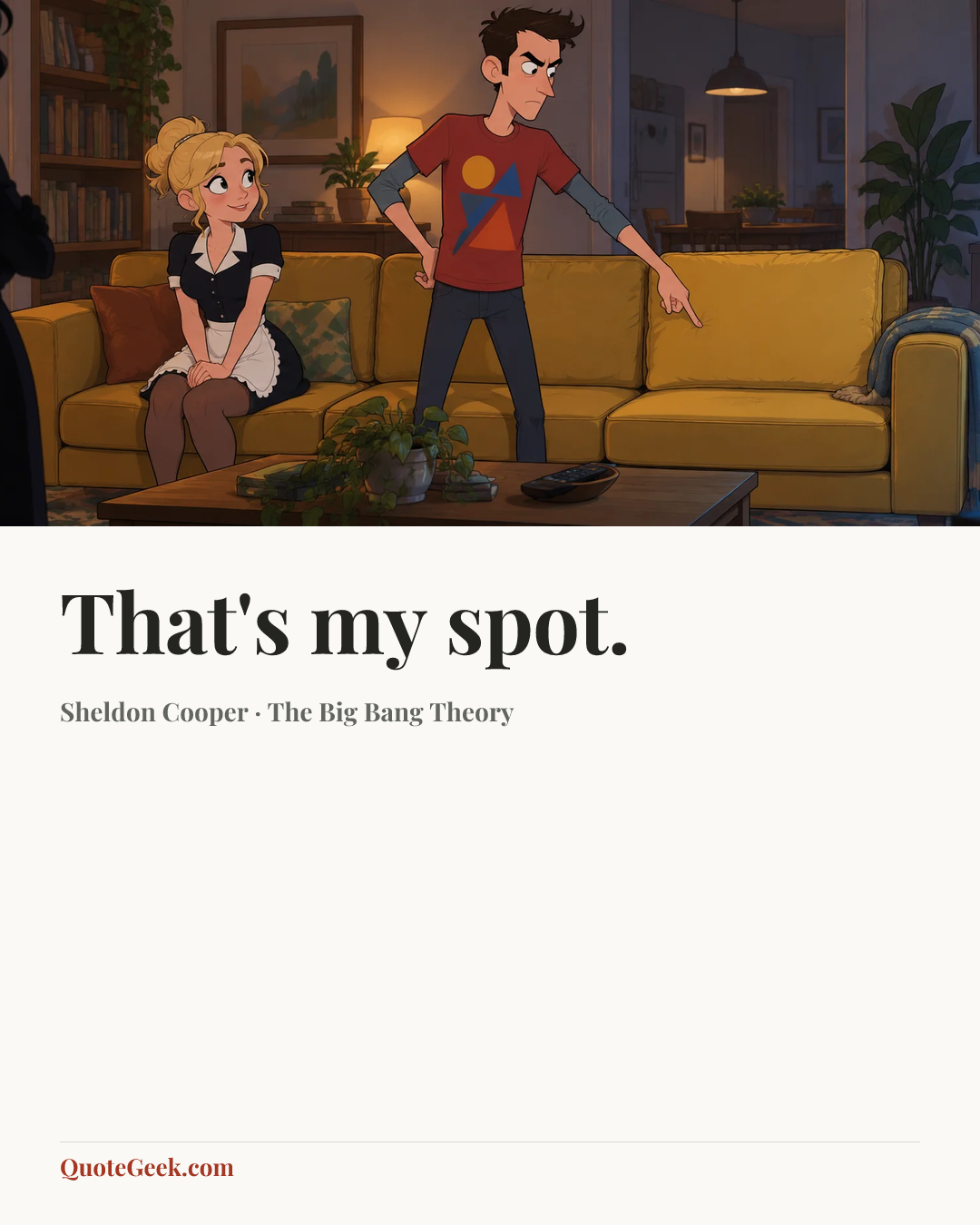 “That's my spot.” — Sheldon Cooper · The Big Bang Theory. Illustrated QuoteGeek card.