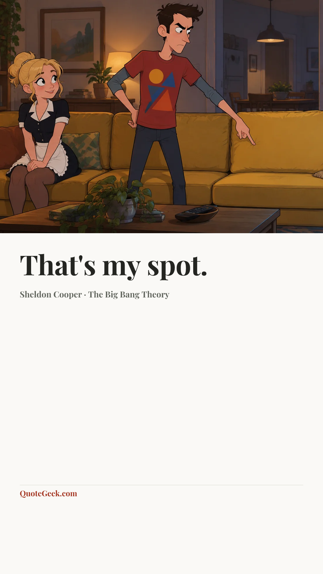 “That's my spot.” — Sheldon Cooper · The Big Bang Theory. Illustrated QuoteGeek card.