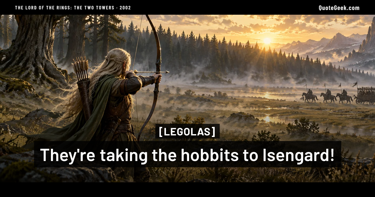 “They're taking the hobbits to Isengard!” — Legolas · The Lord of the Rings: The Two Towers. Illustrated QuoteGeek card.